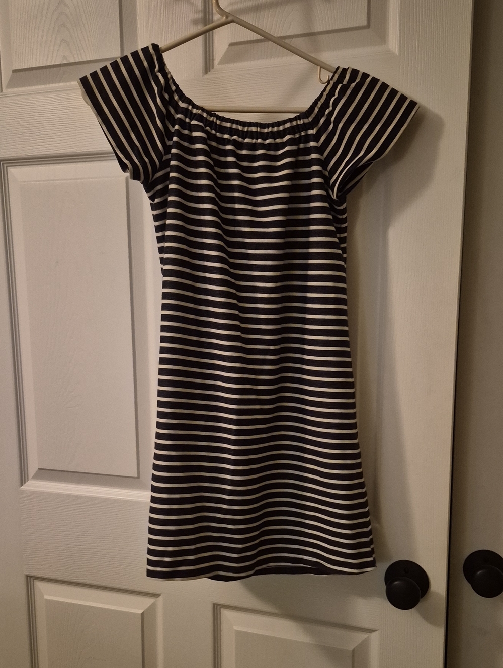 Madewell Black and White Striped Off-Shoulder Mini Dress